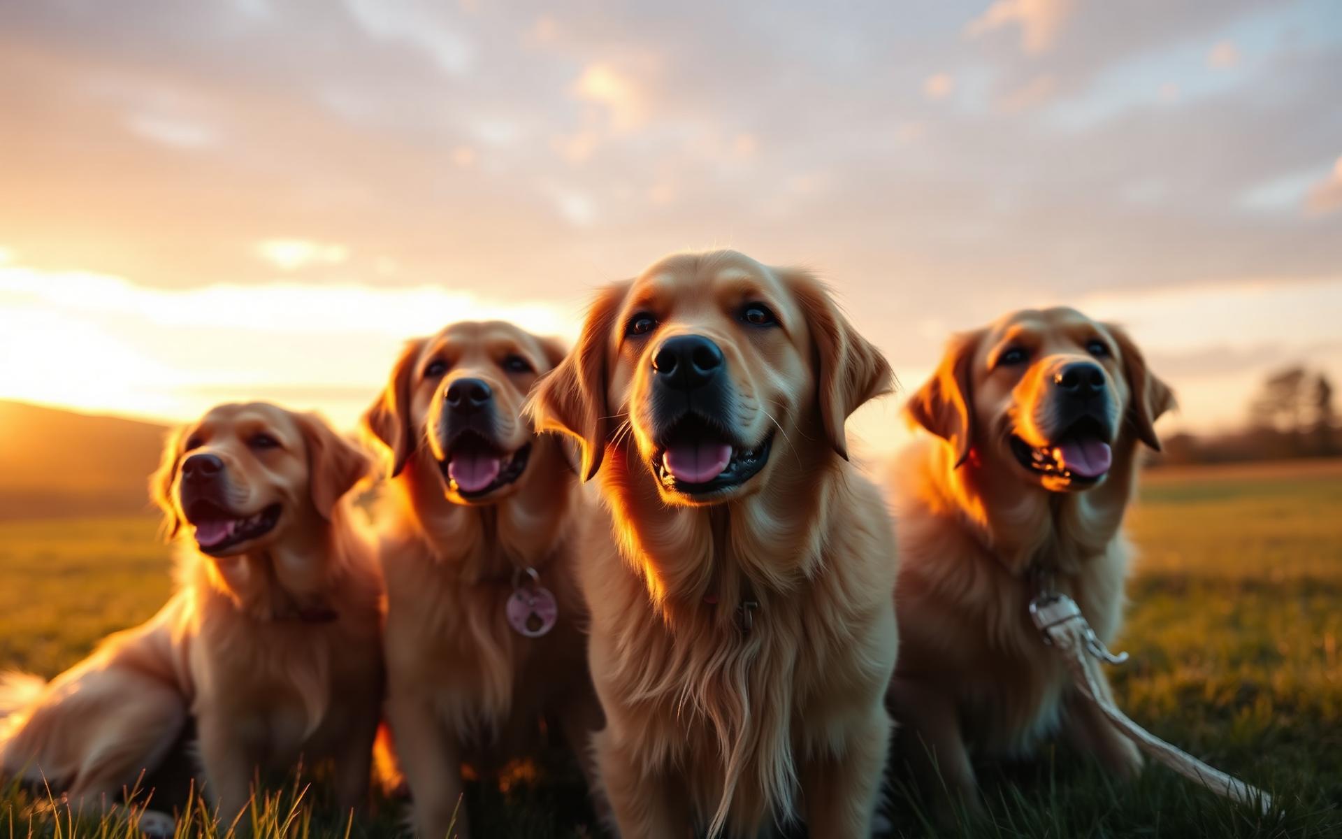Rescued golden retrievers at sunset